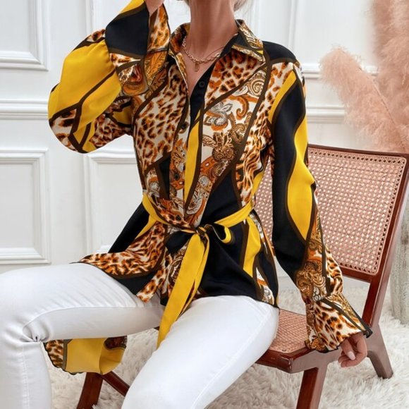 CONTEMPORARY Chic Asymmetric Hem Belted Blouse - Picture 6 of 6